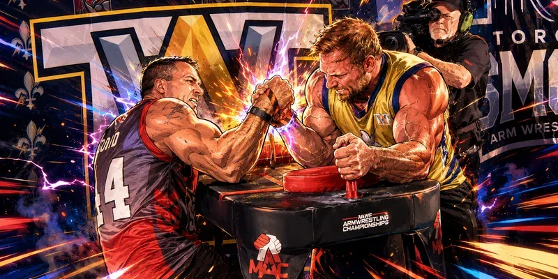 Two arm wrestlers locked in a match at a TAWF event